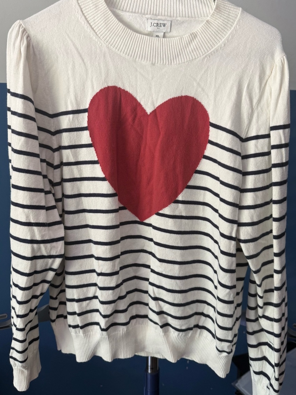 Crew Women’s XL Heart Striped 100% Cotton Sweater Red Navy Ivory